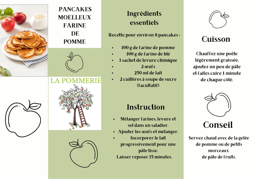 Pommes, pancakes, et instructions de préparation avec conseils de cuisson.