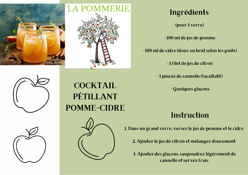 Recette de cocktail pétillant pomme-cerise avec ingrédients et illustrations de pommes.